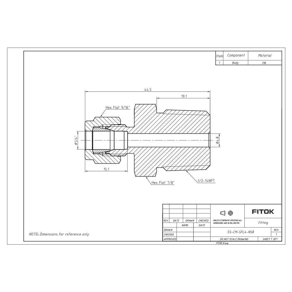 FITOK SS-CM-SFL4-NS4, 316 Stainless Steel Single Ferrule Compression Tube Fitting, Male Connector, 1/4" Tube OD × 1/4" Male NPT