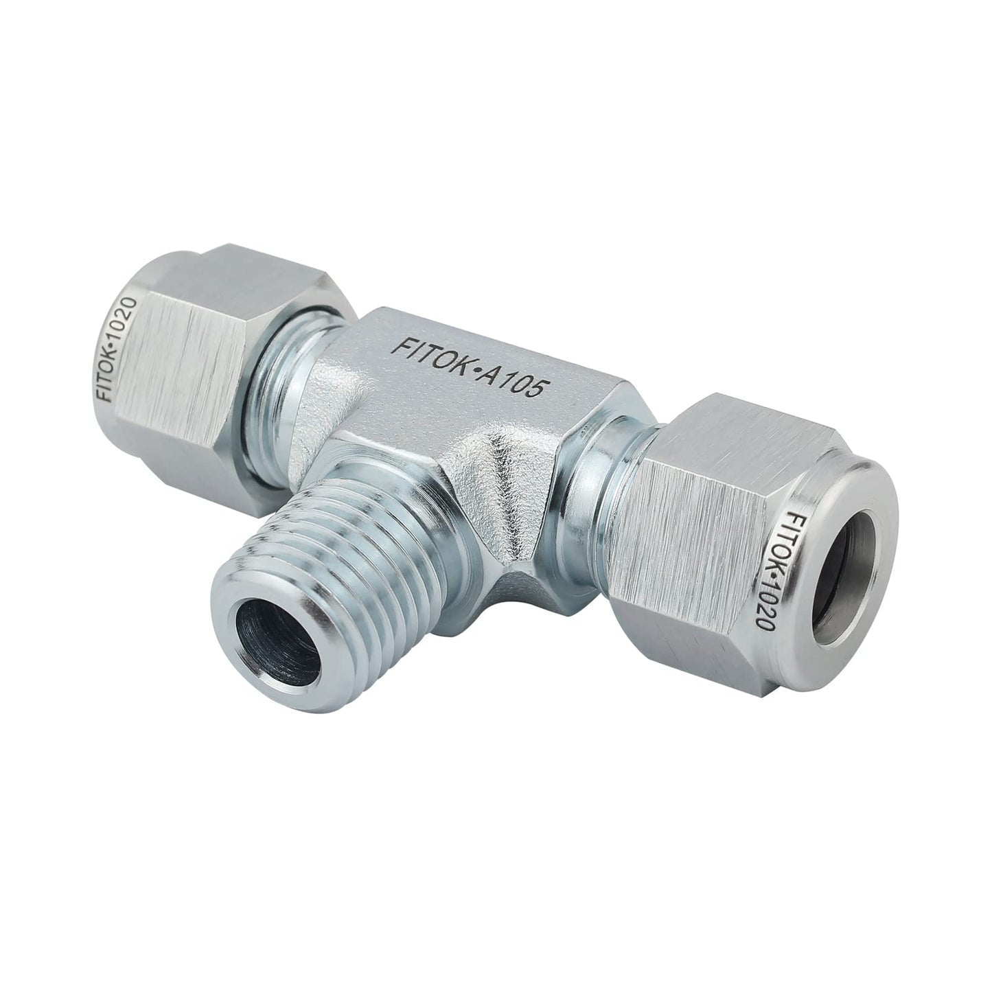 FITOK 3/8" Tube OD × 3/8" Tube OD × 1/4" Male NPT Male Branch Tee Zinc Plated Carbon Steel Compression Tube Fitting with Double Ferrules 6200 psi