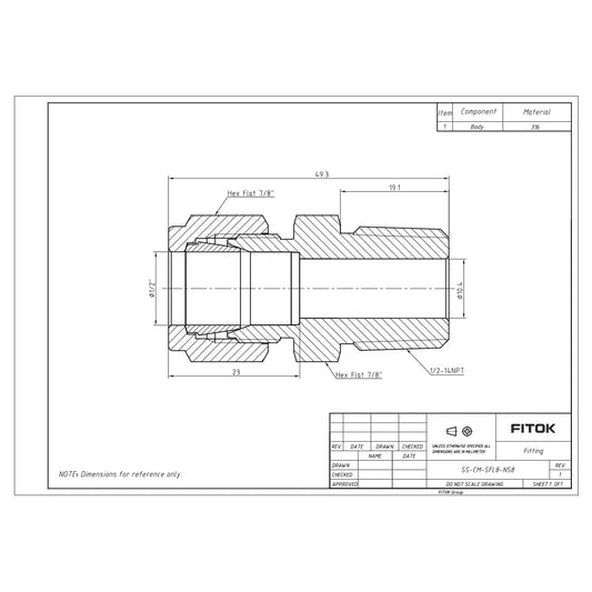 FITOK SS-CM-SFL4-NS4, 316 Stainless Steel Single Ferrule Compression Tube Fitting, Male Connector, 1/4" Tube OD × 1/4" Male NPT