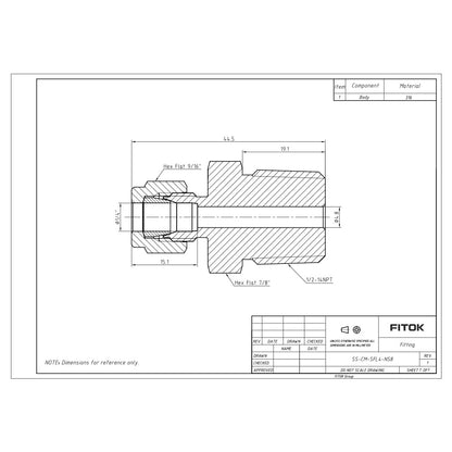 FITOK SS-CM-SFL4-NS4, 316 Stainless Steel Single Ferrule Compression Tube Fitting, Male Connector, 1/4" Tube OD × 1/4" Male NPT