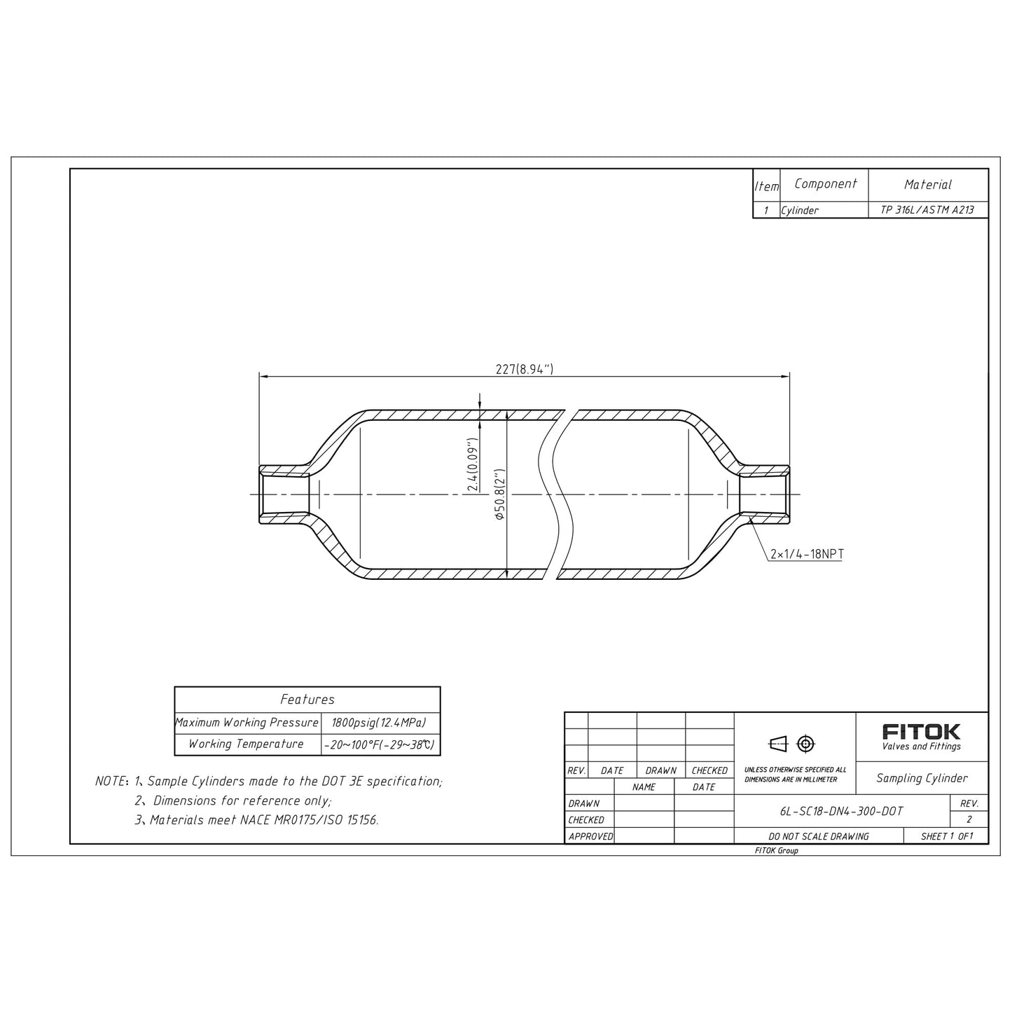 FITOK DOT 1800 psig Sample Cylinder 316L Stainless Steel Double-Ended 1/4" Female NPT