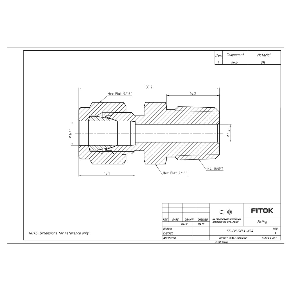 FITOK SS-CM-SFL4-NS4, 316 Stainless Steel Single Ferrule Compression Tube Fitting, Male Connector, 1/4" Tube OD × 1/4" Male NPT