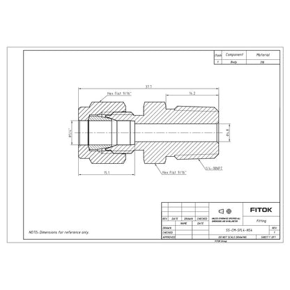 FITOK SS-CM-SFL4-NS4, 316 Stainless Steel Single Ferrule Compression Tube Fitting, Male Connector, 1/4" Tube OD × 1/4" Male NPT