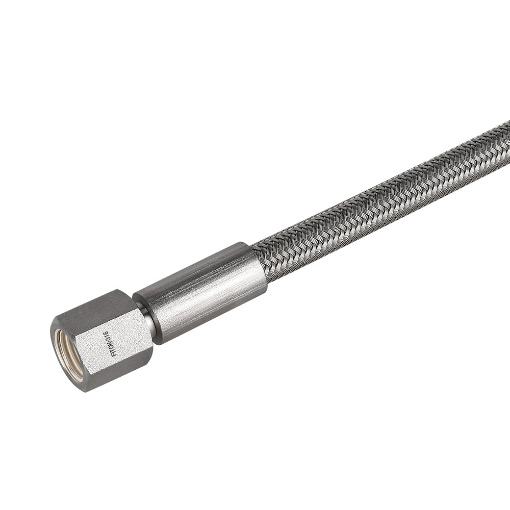 FITOK PTFE-Lined Stainless Steel Braided Hose 1/4" Nominal Hose Size 1/4" Female JIC 37° Flare Swivel 316 SS End Connections 3000 psi Chemically Compatible