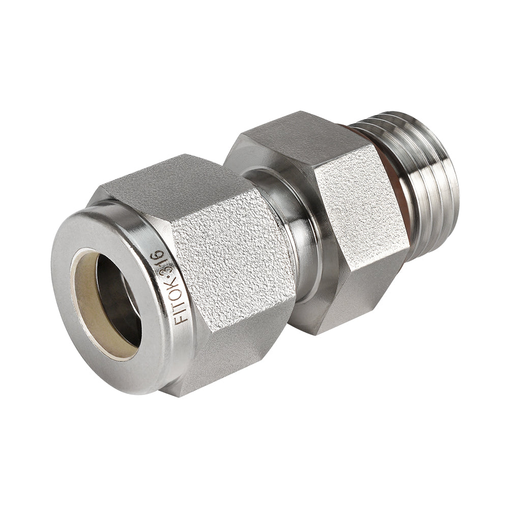 FITOK 316 SS Bored-Through Male Connector, OD x SAE/MS Straight Thread