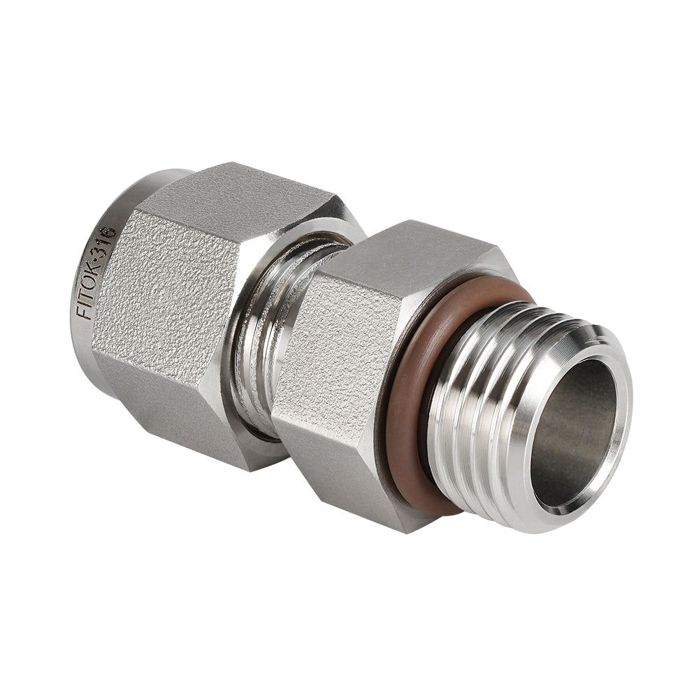 FITOK 316 SS Bored-Through Male Connector, OD x SAE/MS Straight Thread