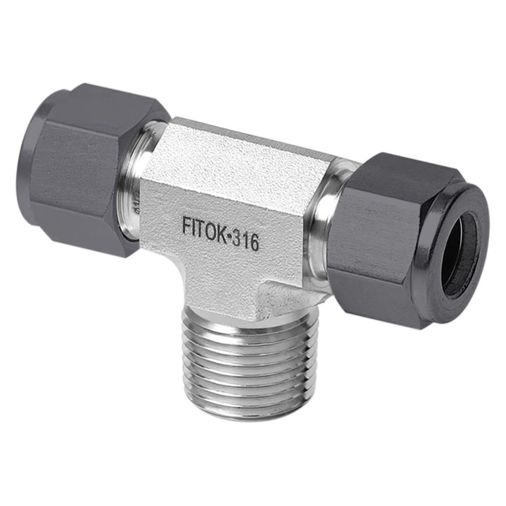 FITOK 316 Stainless Steel Single Ferrule Compression Tube Fitting Male Branch Tee 3/8" Tube OD × 3/8" Tube OD × 1/4" Male NPT, SS-TTM-SFL6-NS4