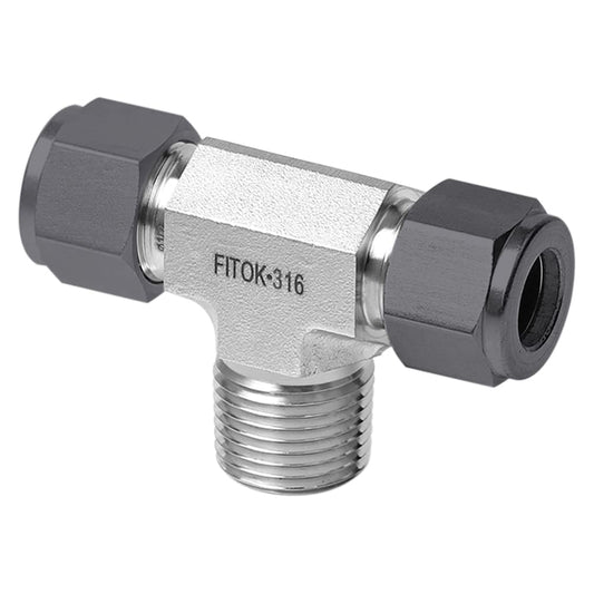 FITOK 316 Stainless Steel Single Ferrule Compression Tube Fitting Male Branch Tee 3/8" Tube OD × 3/8" Tube OD × 1/4" Male NPT, SS-TTM-SFL6-NS4