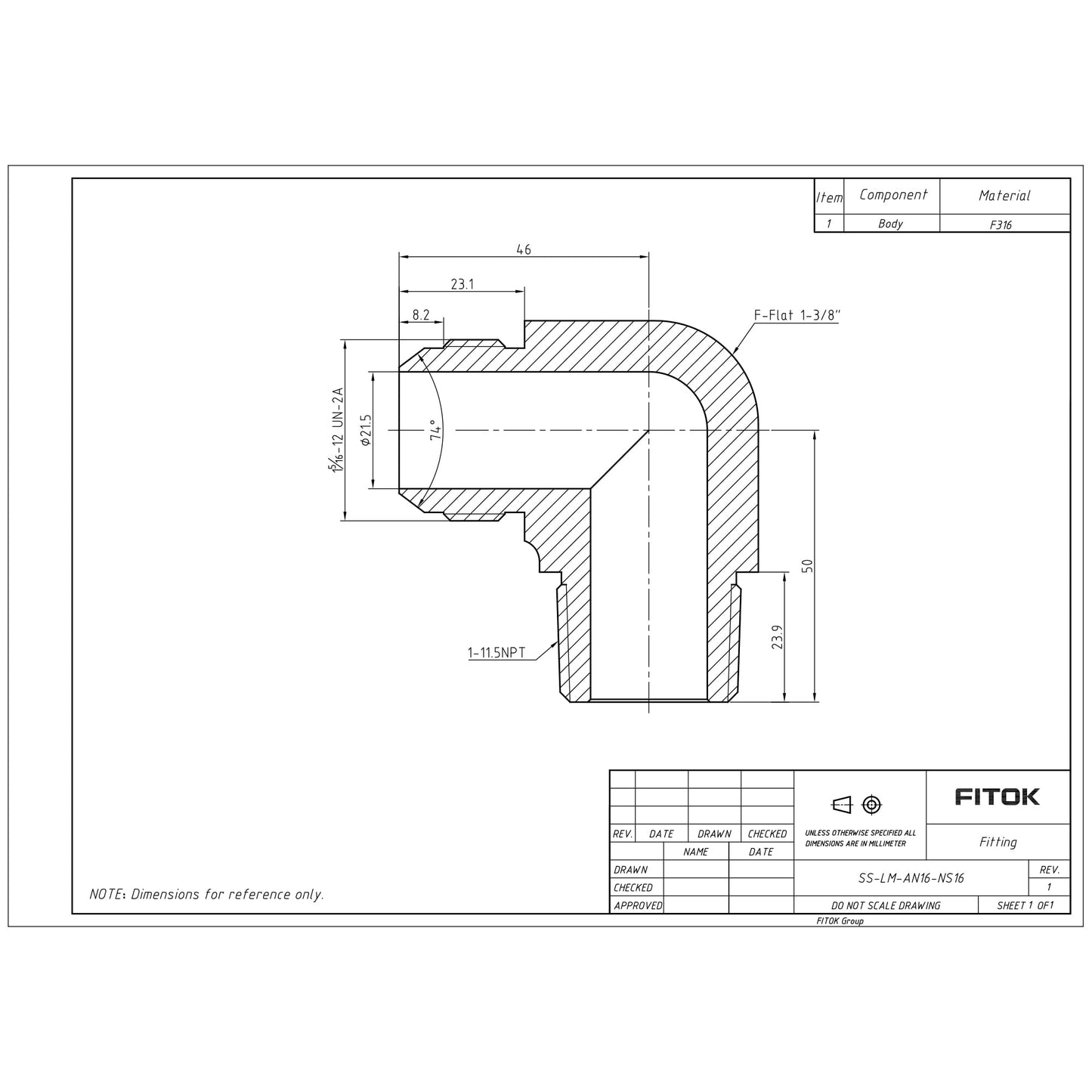 FITOK 37° Flared Tube Fitting Elbow Male JIC × Male NPT, 316 Stainless Steel