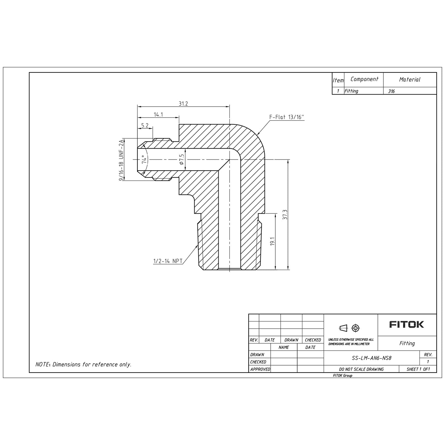 FITOK 37° Flared Tube Fitting Elbow Male JIC × Male NPT, 316 Stainless Steel