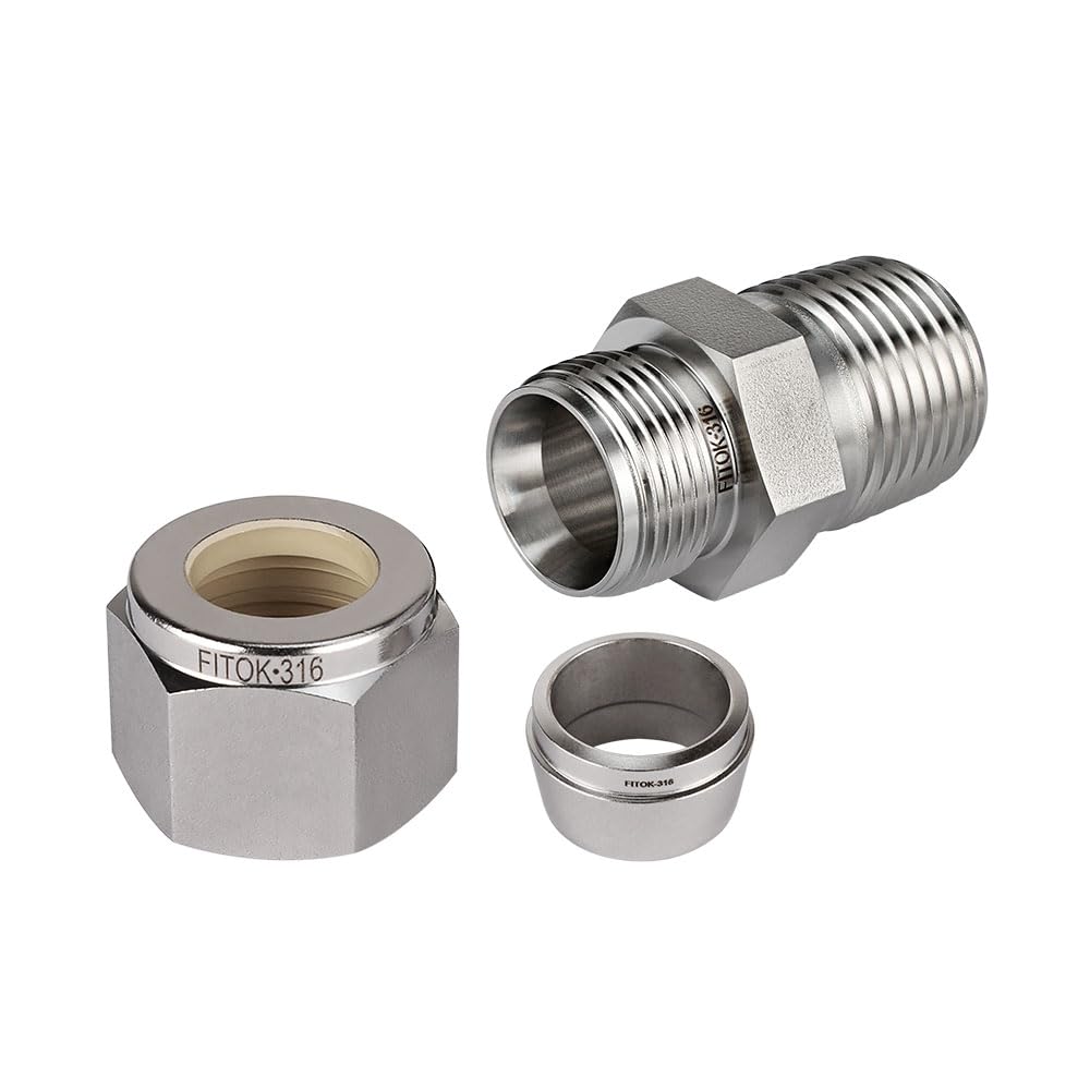 FITOK 316 SS Thermocouple Connector Bored Through 1/2" Tube OD × 1/2" Male NPT Single Ferrule Black Molybdenum Disulfide (MoS?) Coated Nut, SS-TCM-SFL8-NS8