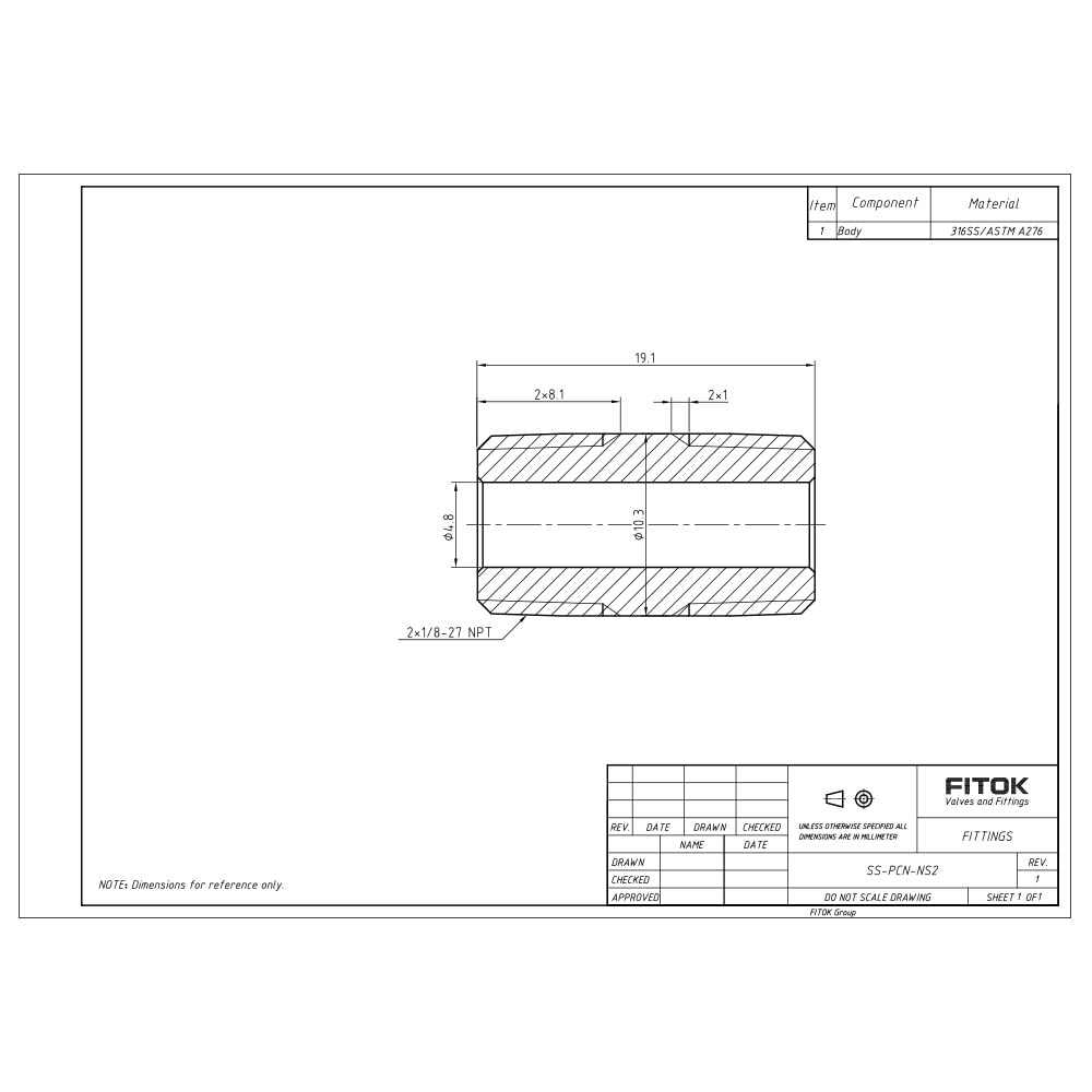 FITOK 316 Stainless Steel Pipe Fitting Close Nipple Male NPT