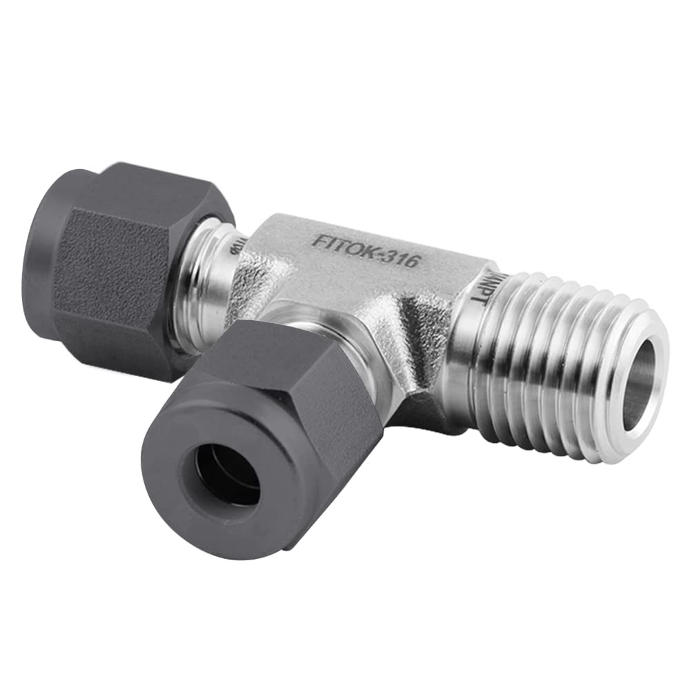 FITOK 316 Stainless Steel Single Ferrule Compression Tube Fitting Male Run Tee 3/8" Tube OD × 1/4" Male NPT × 3/8" Tube OD, SS-TMT-SFL6-NS4